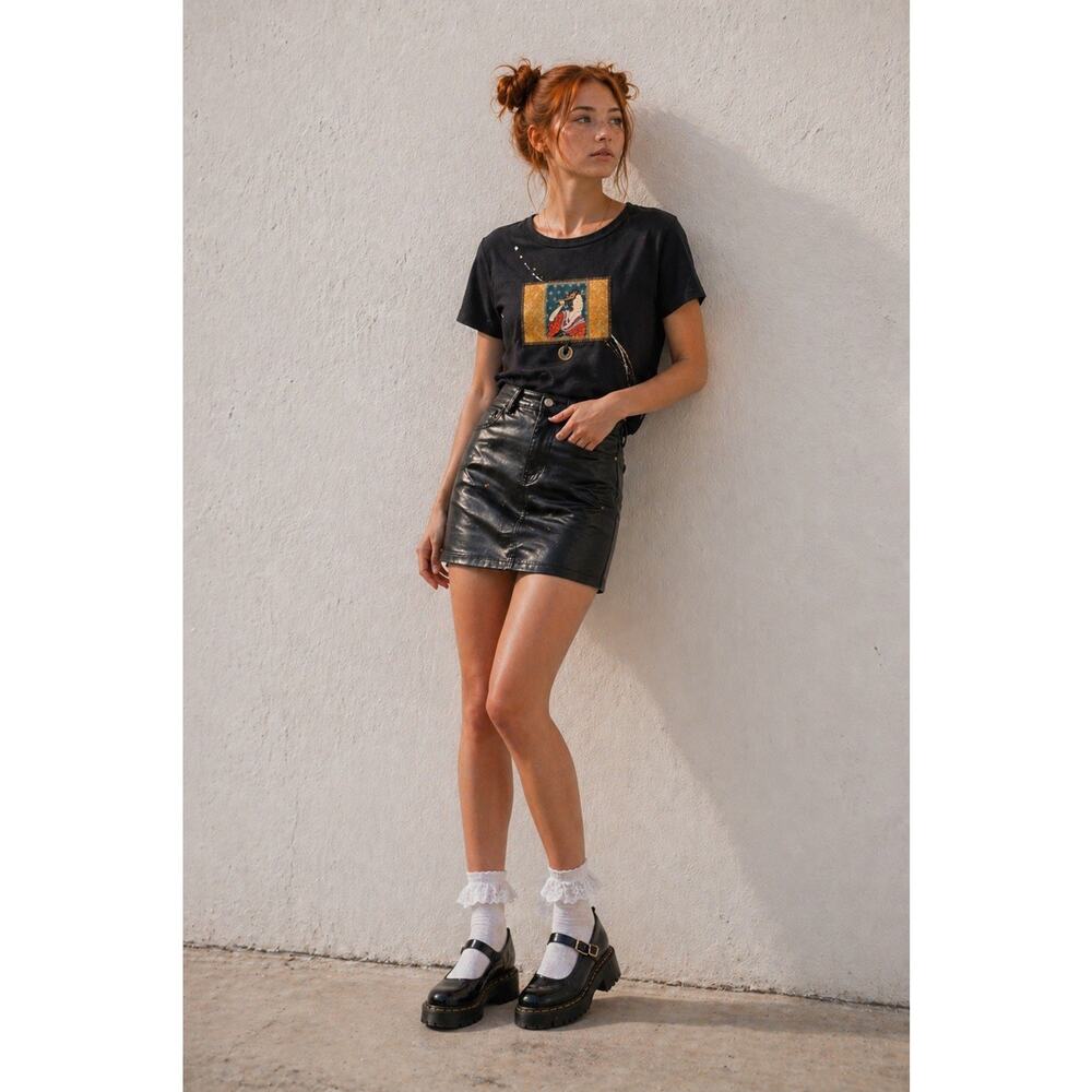 Vintage Geisha Patch Art Tee Shirt Womens Small Black Cotton Coin Applique EUC